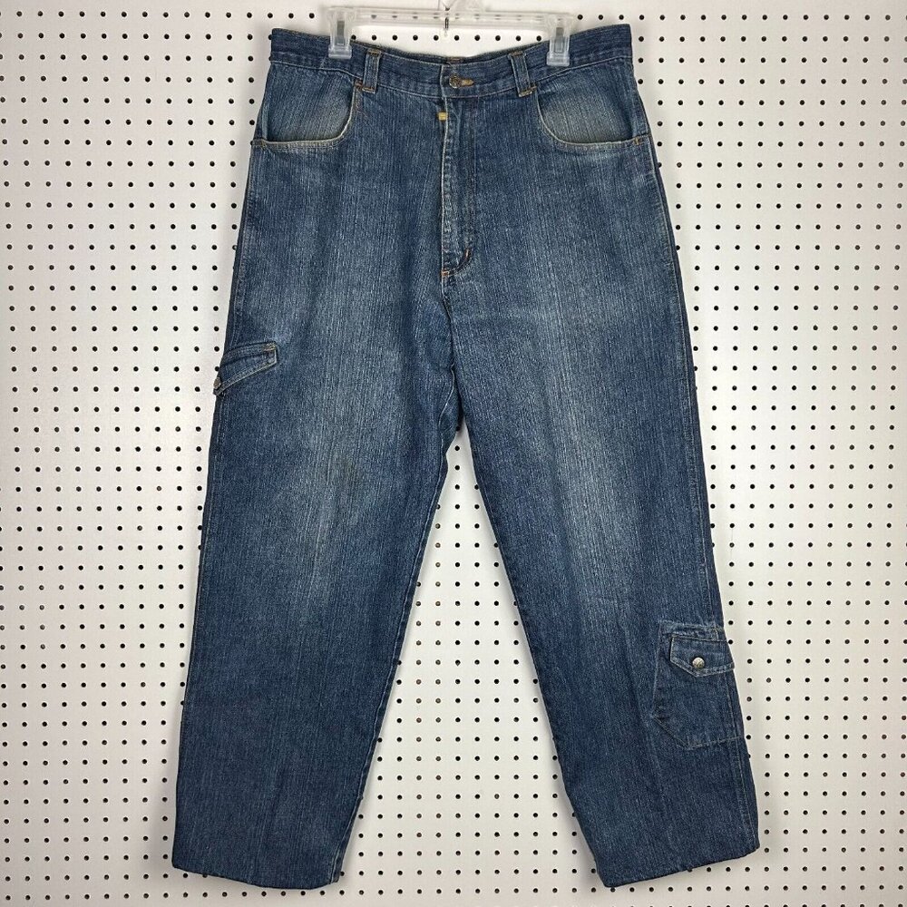 Barcode Y2K Cargo Wide Leg Denim Jeans 36x30 Stash Streetwear Skate Baggy‎